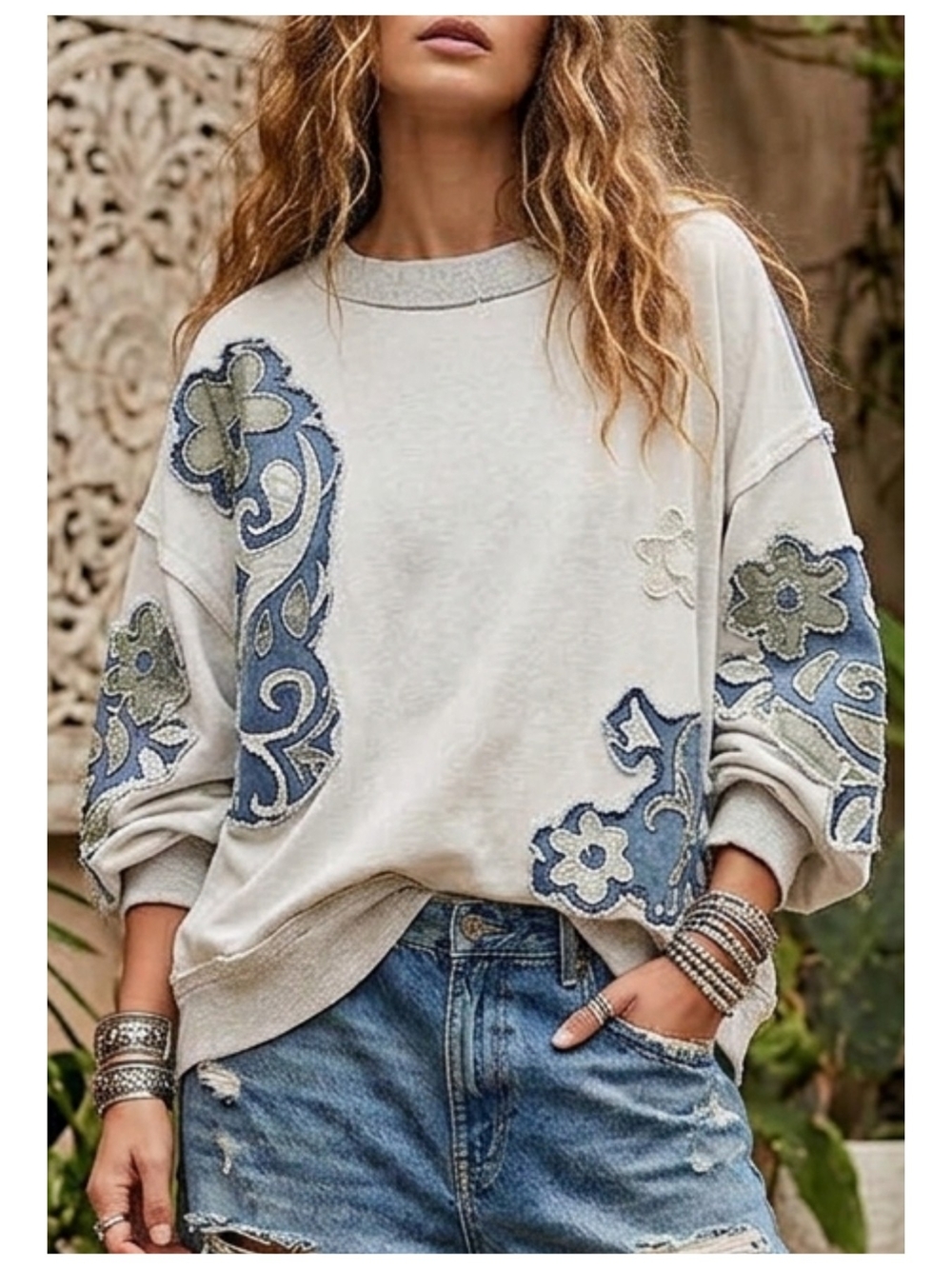 Women’s Cream Embroidered Pullover Sweatshirt - Blue Floral Accents